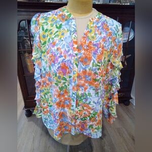 Cato Plus Size 18/20 Multicolor Floral Ruffle Long Sleeve Blouse NWT